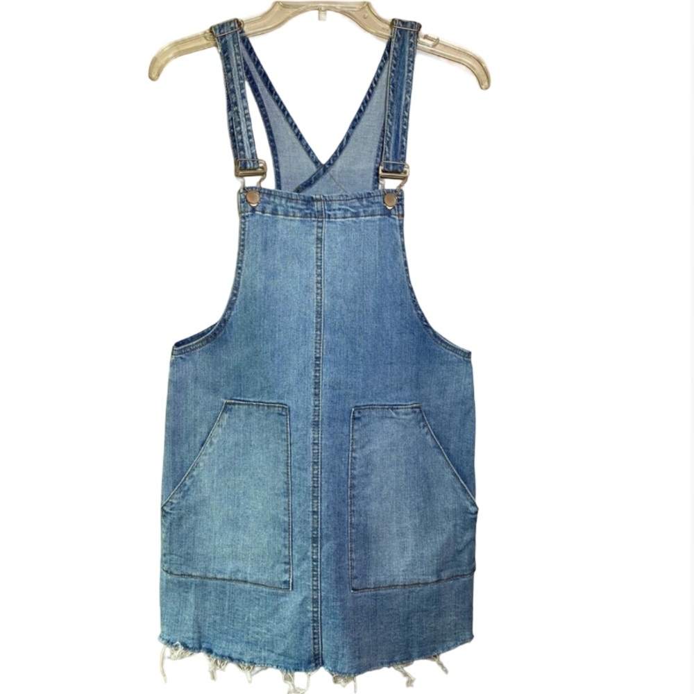 Dollhouse Blue Jean Denim Dungaree Overall Raw Hem Mini Dress Ladies 7